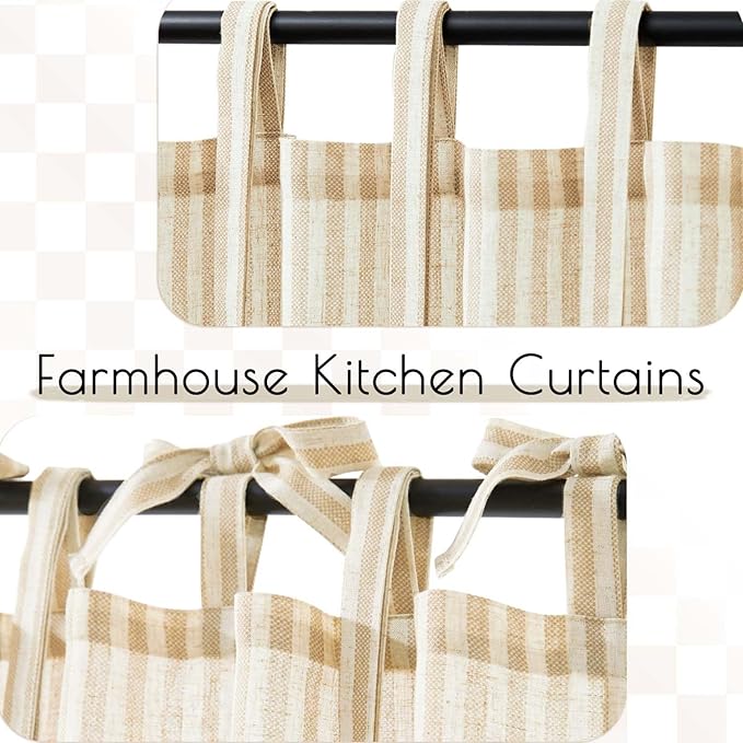 jinchan Tie Top Linen Kitchen Curtains 24 Inches Striped Tier Curtains Farmhouse Modern Cafe Style Small Window Treatments Airy Light Filtering Rod Pocket for Living Room Bathroom 2 Panels Beige