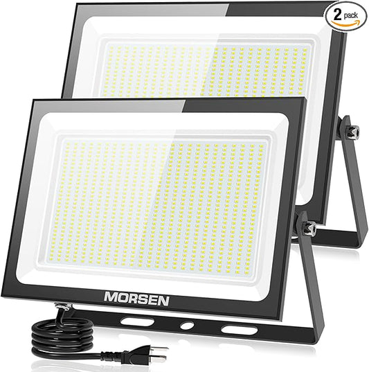 MORSEN 500W Flood Lights Outdoor, 60000lm Bright LED Work Light with Plug, 6500K Daylight White LED Flood Lighting, IP66 Waterproof Security Yard Lights for Yard Garage Stadium 2 Pack