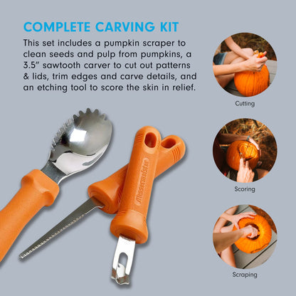 Messermeister 3-Piece Pumpkin Carving Set - Includes Scraper, Sawtooth Carver & Etching Tool - AISI420 Stainless Steel & Soft-Grip Handle