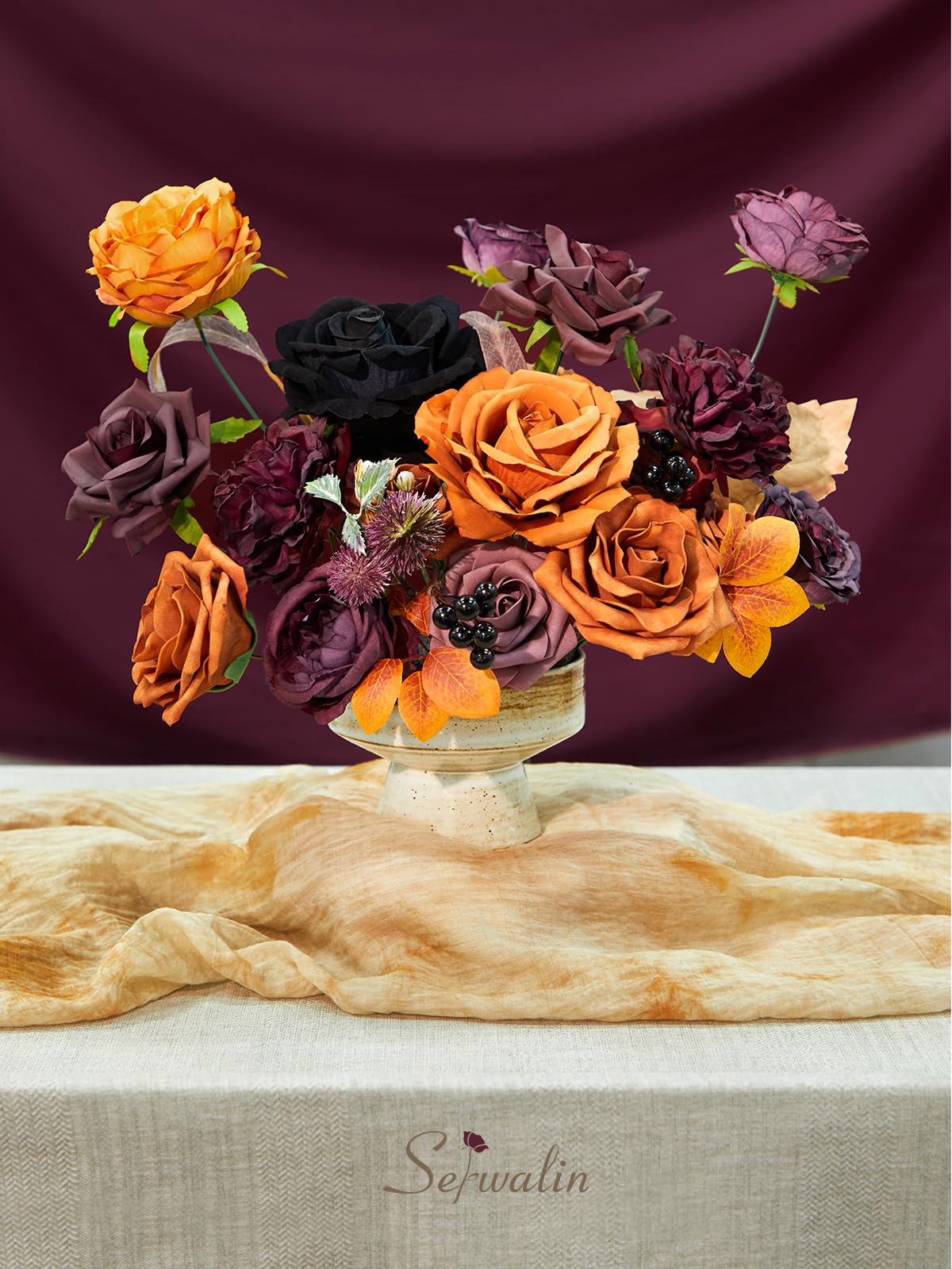 Serwalin Fall Aritificial Flowers Orange Silk Flowers Purple Black Roses Fake Flowers for DIY Centerpieces Boutonnieres Cake Fall Floral Home Decoration