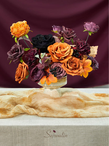 Serwalin Fall Aritificial Flowers Orange Silk Flowers Purple Black Roses Fake Flowers for DIY Centerpieces Boutonnieres Cake Fall Floral Home Decoration