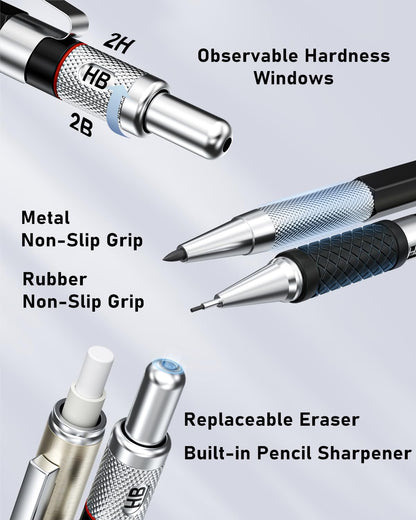 Four Candies 25PCS Art Mechanical Pencil Set with Case, 3PCS Metal Artist Lead Pencil 0.5, 0.7, 0.9 mm & 3PCS 2mm Holder (HB 2H 2B 4B Color) with 432PCS Graphite Lead Refills for Drawing Sketching