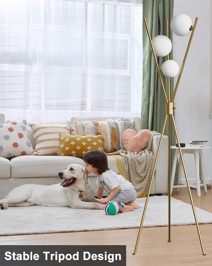 Lightdot Tripod Floor Lamp Stepless Dimmable Globe Modern Floor Lamp Gold Standing Lamps with 3PCS 3000K G9 Bulbs Stable Base Mid Century Modern Floor Lamps for Living Room