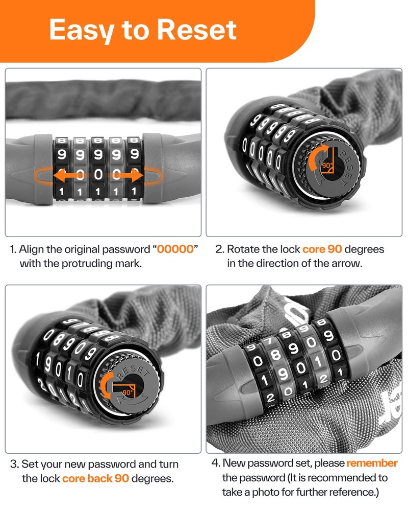 Sportneer 5 Digit Combination High Security Anti Theft Bike Chain Lock - 3.2/3.6/4ft Heavy Duty Resettable Keyless Bicycle Lock for Bike, Motorcycle, Scooter, Door & Gate - 6mm Thick