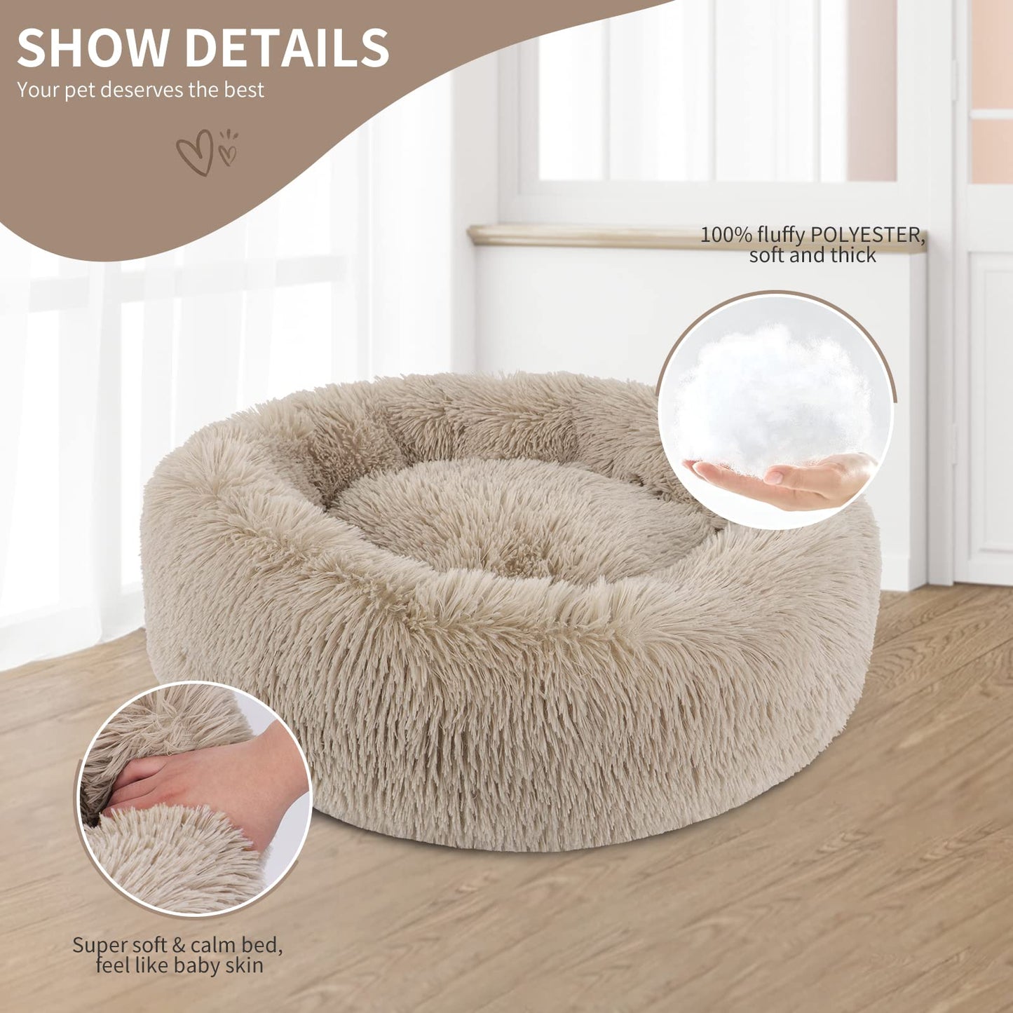 BVAGSS Anxiety Dog Bed, Round Plush Donut Dog Bed Cat Bed Marshmallow Fluffy Cuddler Washable Calming Puppy Bed for Small/Medium Dogs XH034 (Diameter:50cm, Light Brown)