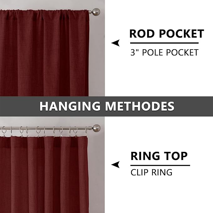 Tollpiz Linen Tier Curtains Rod Pocket Semi Sheer Short Kitchen Curtain Half Burlap Light Filtering Thick Linen Drape for Bathroom, 30 x 30 inches Long, Burgundy Red, Set of 2 Panels