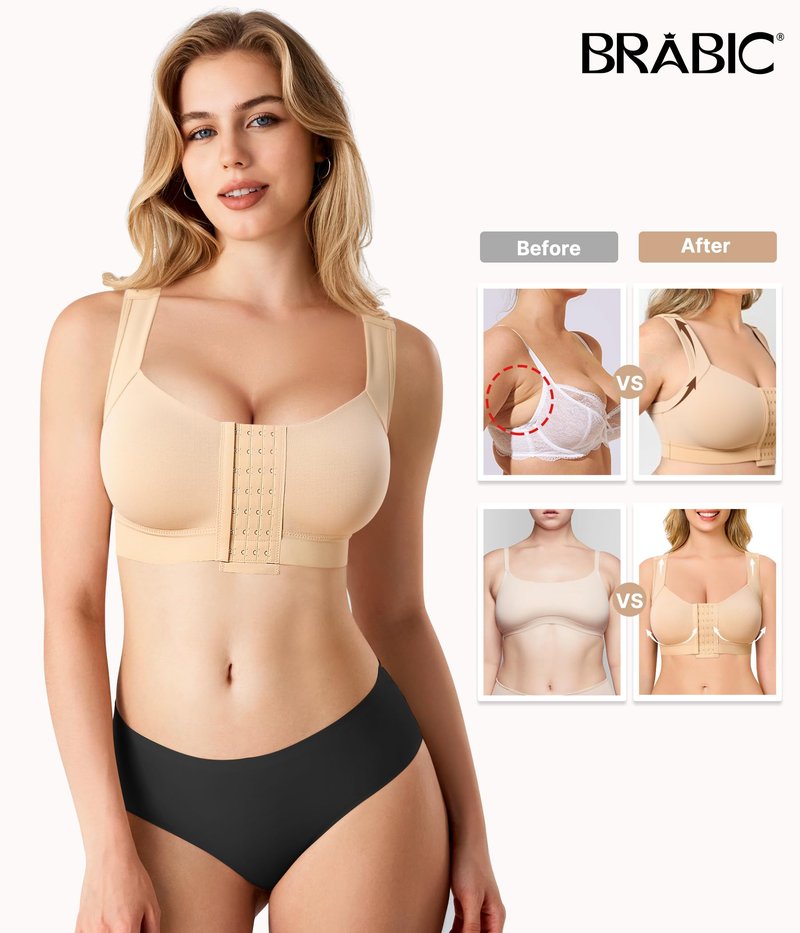 BRABIC Front Closure Post Surgery Compression Bras for Women Mastectomy Bra with Adjustable Straps Wirefree Beige