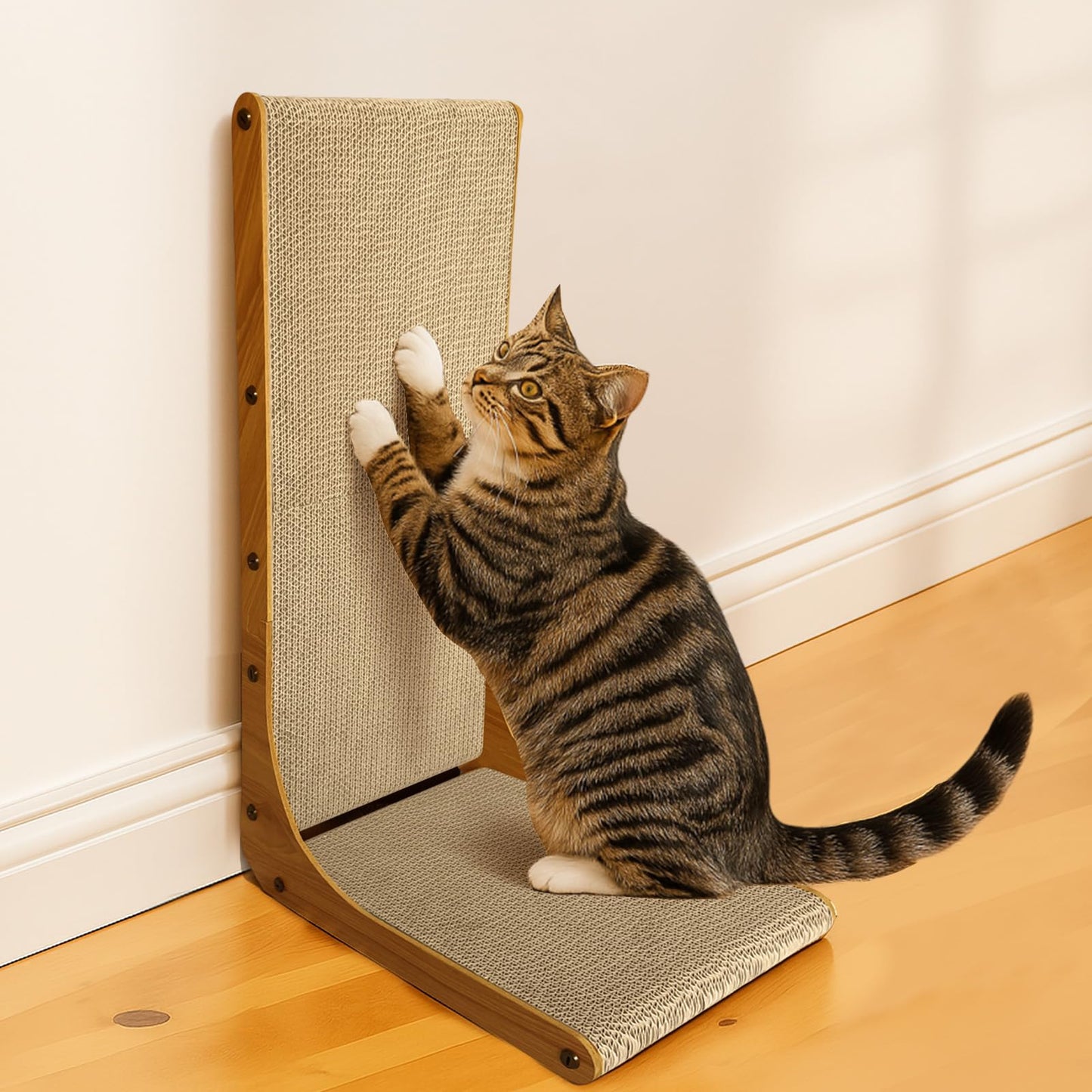 AGYM Cat Scratcher, 26 inch L Shape Cat Scratching Pad for Indoor Cats, Durable Sustainable Cardboard Scratcher with Box, Recyclable Vertical Cat Scratch Pad to Protect Furniture, Large
