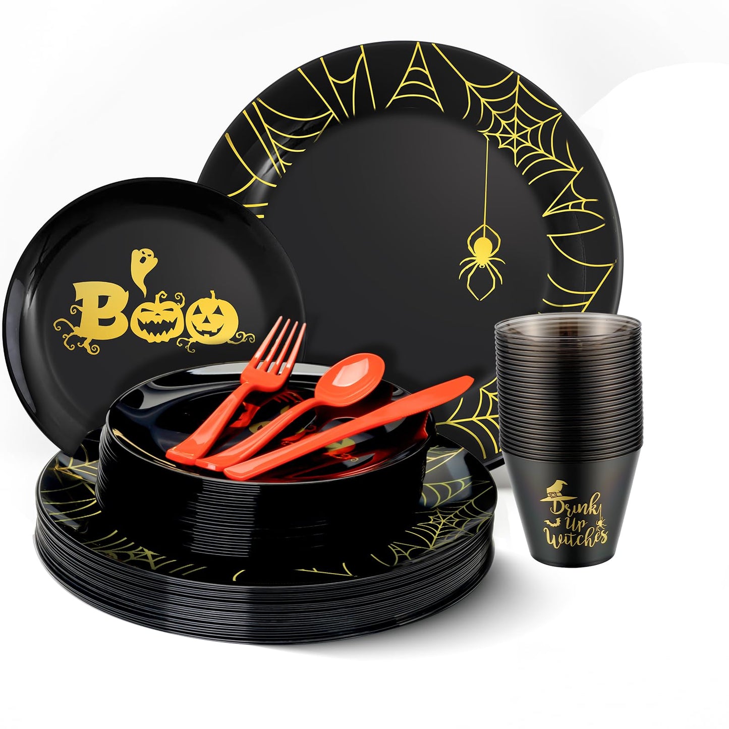 ISFANGCO 150PCS Plastic Spoof Black Dinnerware Set for 25 Guests with Gold Spider Web & Smiley Pumpkin,Heavy Duty Plastic Orange Disposable Cutlery,Gold Witch Printed Black Cups