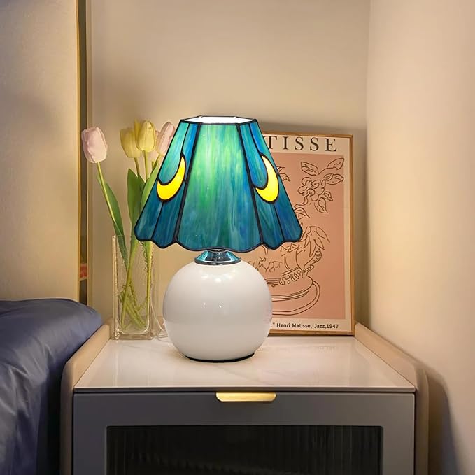 Mushroom Tiffany Lamp Stained Glass Moon Lamp Small Bedside Table Lamps for Bedroom Dorm Living Kitchen, Home Birthday Christmas Thanksgiving Day Gift (Sea Blue)