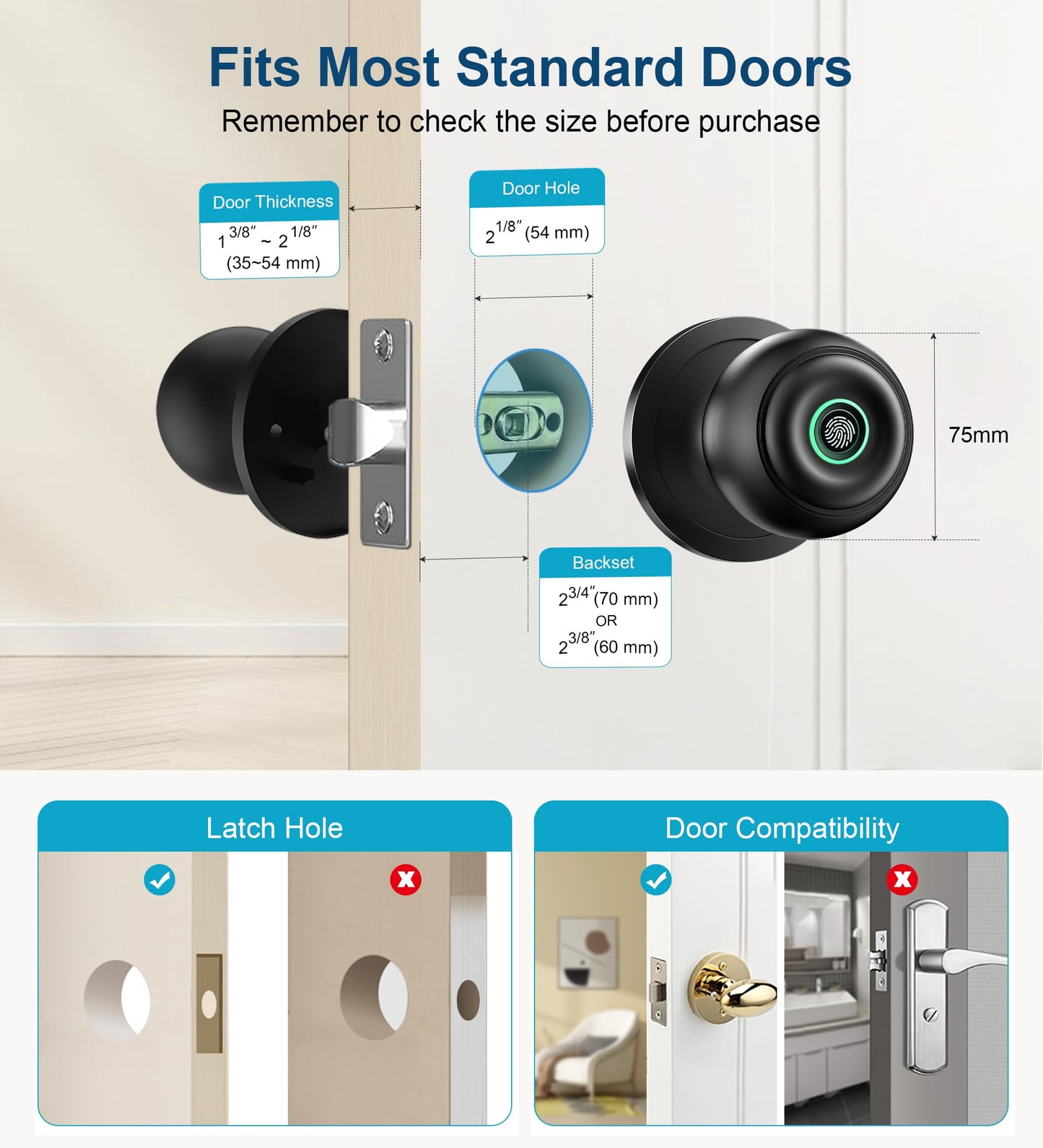 KLLOQUE Fingerprint Door Lock, Smart Fingerprint Door Knob with Lock, Biometric Door Locks with App Control & Key, Keyless Thumbprint Entry Door Locks for Bedroom, Front Door, Home, Apartment-Black