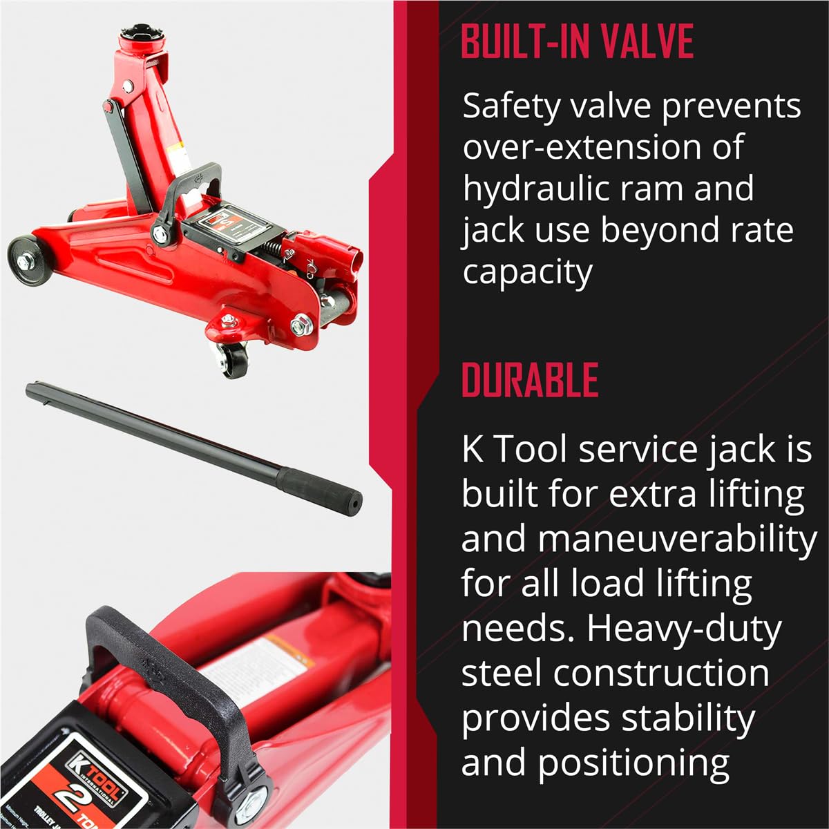 K Tool International 63103A 2 Ton Automotive Trolley Floor Jack for Garages, Repair Shops, and DIY, Portable, Compact, 4,000 lbs. Capacity, Hydraulic Lifting Range 5.125" - 13", Heavy Duty Steel, Red