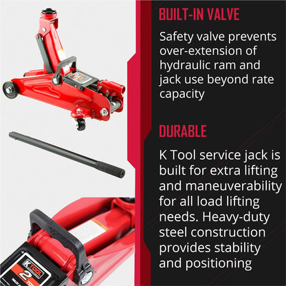 K Tool International 63103A 2 Ton Automotive Trolley Floor Jack for Garages, Repair Shops, and DIY, Portable, Compact, 4,000 lbs. Capacity, Hydraulic Lifting Range 5.125" - 13", Heavy Duty Steel, Red