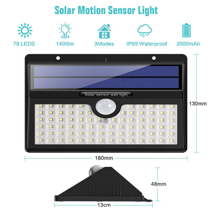 HETP Solar Lights Outdoor, Upgraded 78 LED Solar Motion Sensor Security Lights - Solar Powered Lights Waterproof Wireless Wall Lights Solar Lamps with 3 Intelligent Modes for Outside(2 Pack)