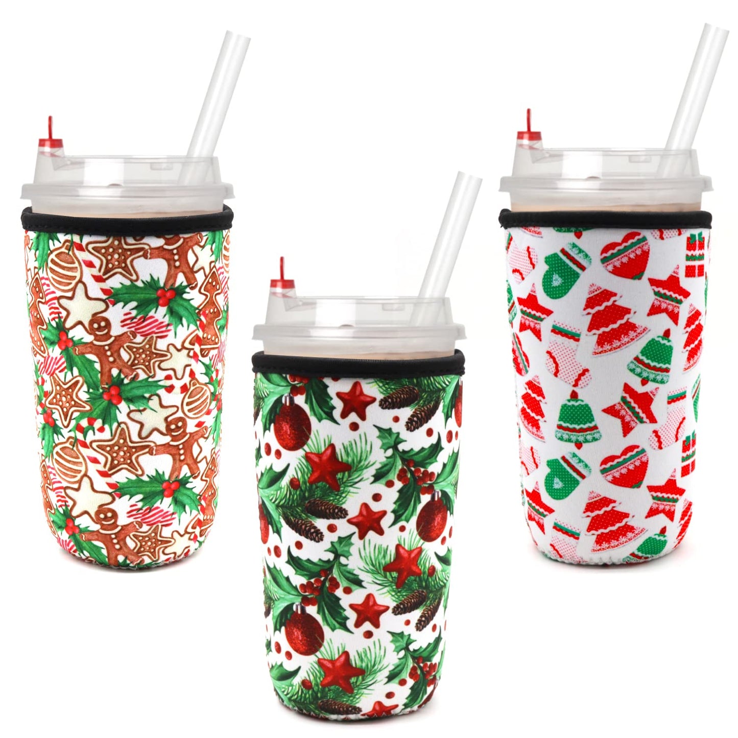 Reusable Iced Coffee Sleeve for Cold Drink Cups, Neoprene Insulator Cup Cover Holder Compatible with Starbucks Dunkin McDonalds Coffee - 3mm Thick (Large Size 30-32oz,Christmas tree style)