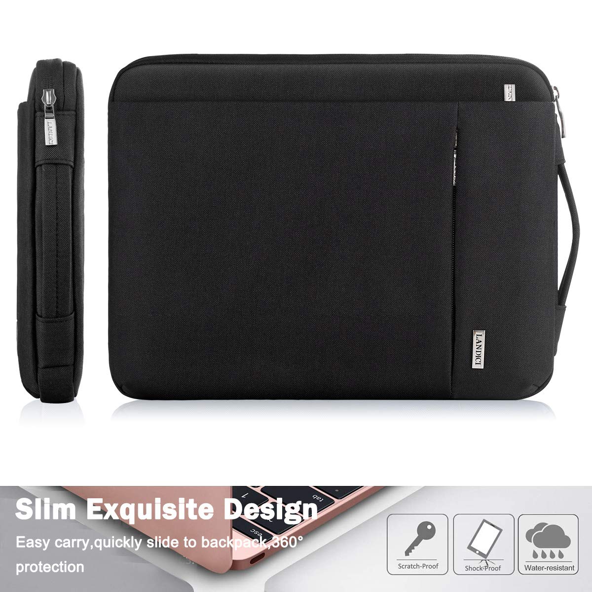 LANDICI 360°Protective Laptop Sleeve Case 13 13.3 14 Inch, Waterproof Computer Bag Cover with Handle for 2020-2024 MacBook Air 13 M2/M3, MacBook Pro 13/14, Chromebook 14, Black