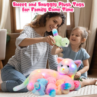 Skylety Nurturing Cat Stuffed Animal with 4 Plush Kittens, Cat Baby Stuffed for Girls Boys Plushy Mommy Kitty with Baby Kittens for Christmas Birthday Party Favors Gifts(LED Style)