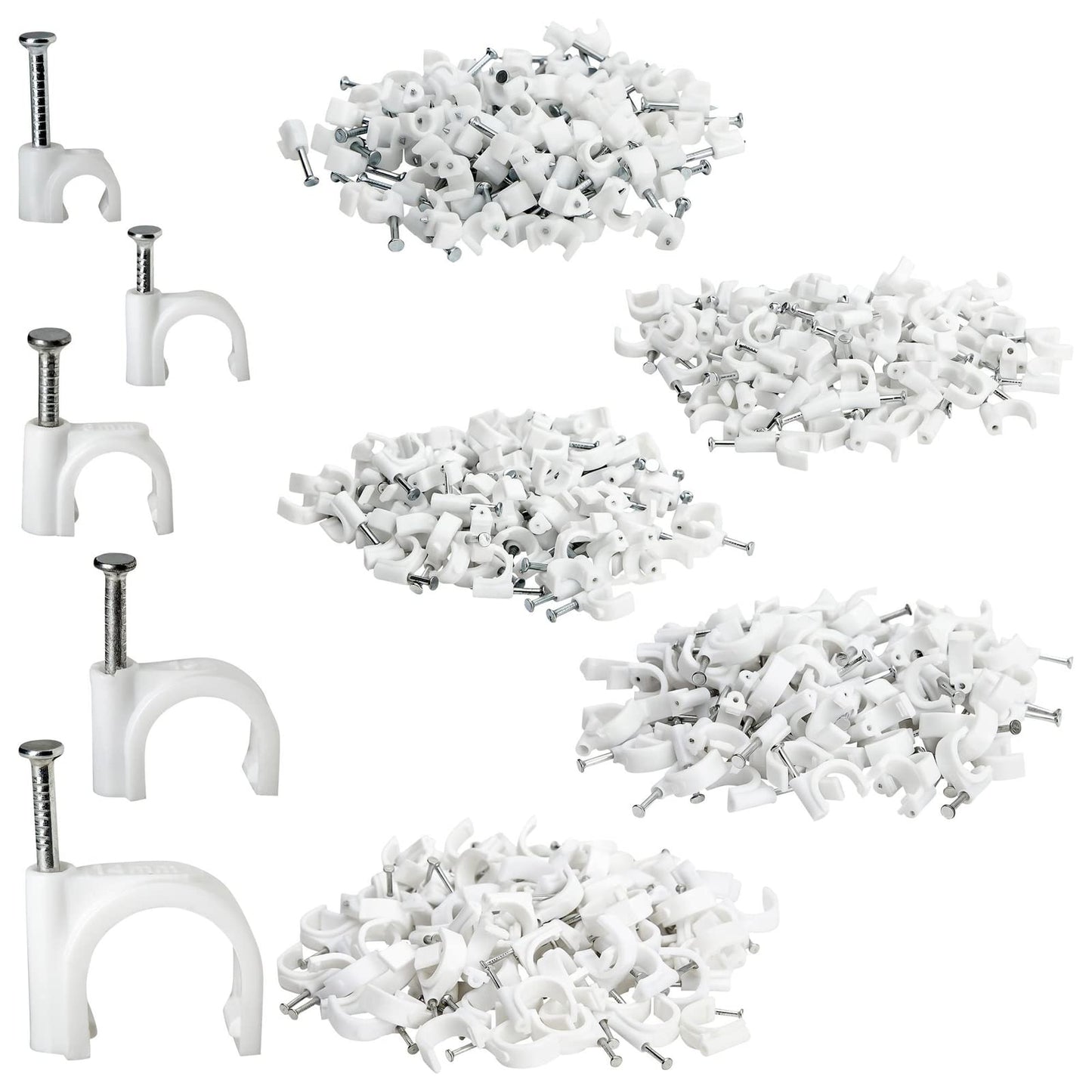 Juvale 500-Pack Round Cable Wire Clips for Wall Mounting, Extension Cord Holders, and Cable Management Staples in 5 Sizes for RJ45 Ethernet Connectors, Nails Included (4, 6, 8, 10 & 14mm, White)