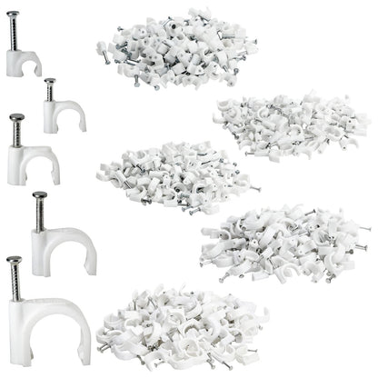 Juvale 500-Pack Round Cable Wire Clips for Wall Mounting, Extension Cord Holders, and Cable Management Staples in 5 Sizes for RJ45 Ethernet Connectors, Nails Included (4, 6, 8, 10 & 14mm, White)
