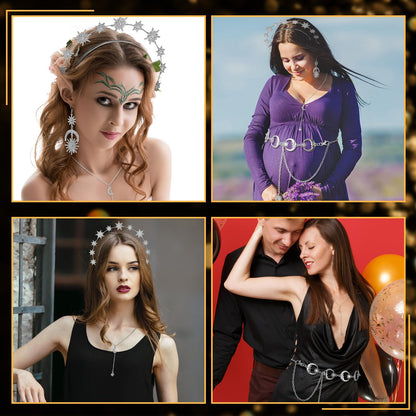 Glenmal 6 Pcs Halloween Crown Moon Star Headband Celestial Earrings Belt Jewelry for Wedding Moon Goddess Costume Accessories(Silver)