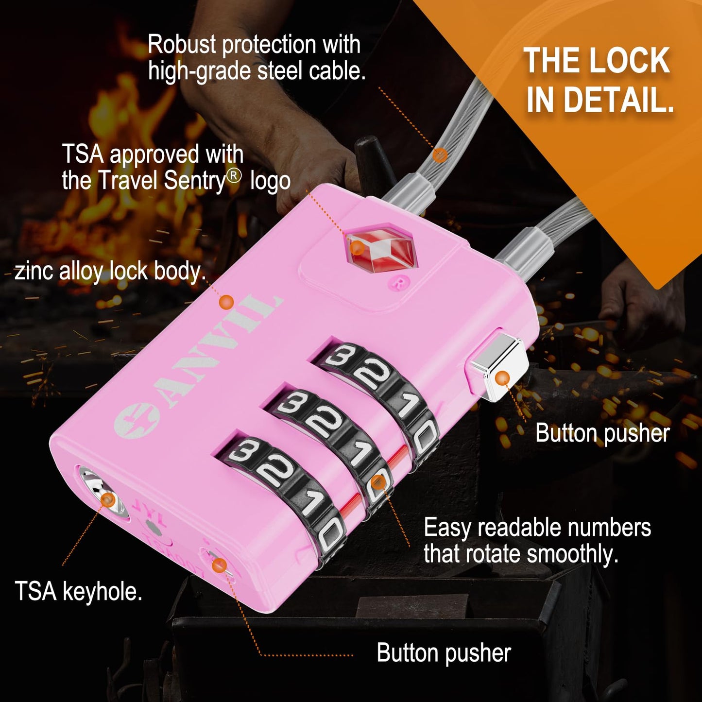 ANVIL TSA Approved Cable Luggage Locks 3 Digit Combination Padlock with Zinc Alloy Steel Cable Lock Ideal for Travel Suitcase, Backpack, Lockers,Case,Toolbox (2, Pink)