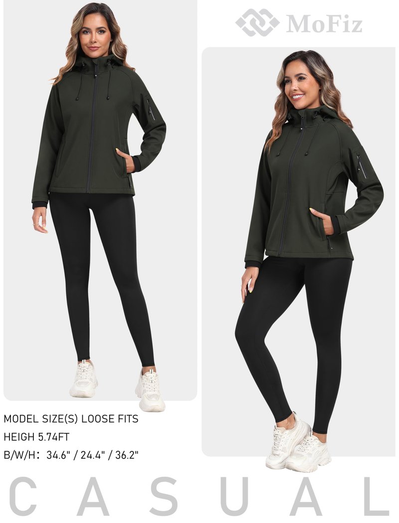 MoFiz Women's Fleece Lined Softshell Jacket Hooded Windproof Lightweight Insulated Jacket Full Zip Warm Coat Army Green M