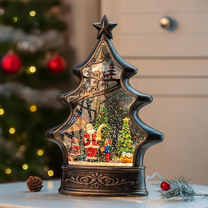 Christmas Snow Globe Lantern Water Glittering Santa's List with Music& Timer, USB Lined/Battery Operated Lighted Lantern for Christmas Festival Decoration Gifts （Santa）