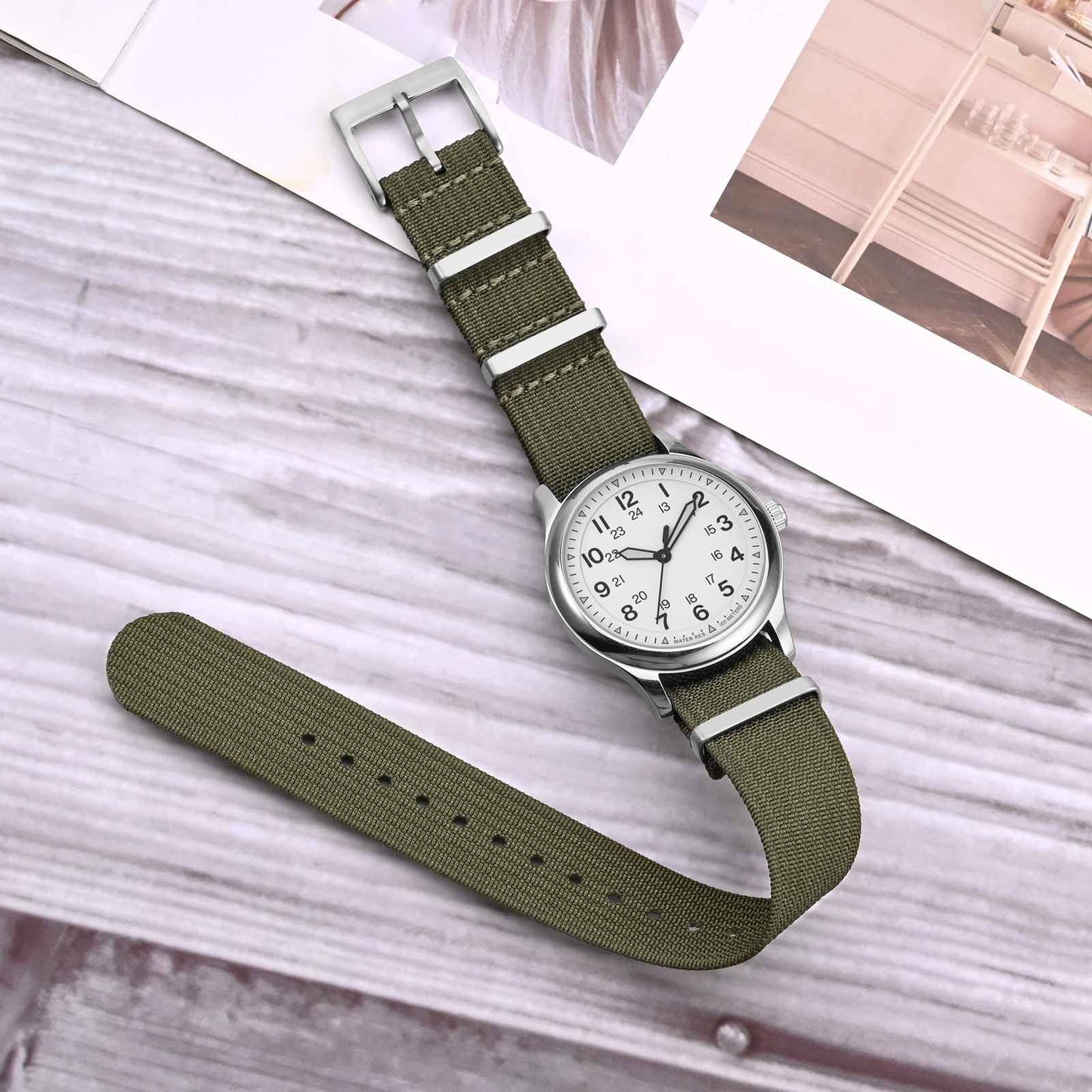 ANNEFIT Nylon Watch Strap 18mm, One-Piece Waterproof Military Watch Band with Heavy Silver Buckle (Army Green)