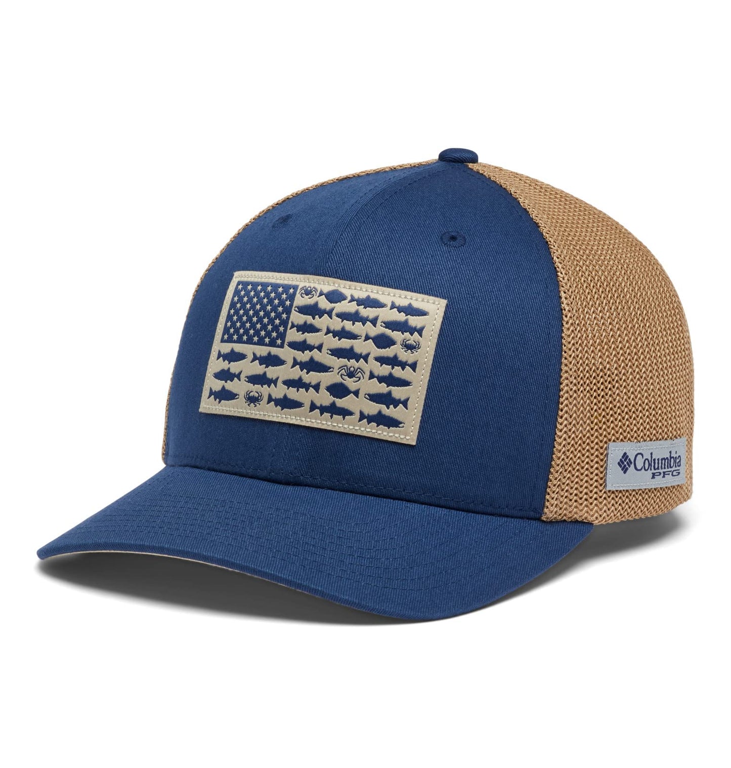 Columbia Unisex PFG Fish Flag Mesh Ball Cap - Low, Carbon/Ancient Fossil/PNW Flag, Small/Medium