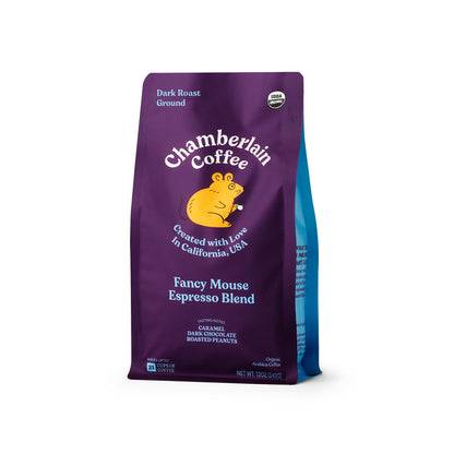 Chamberlain Coffee Fancy Mouse Espresso Blend - Extra Bold, Dark Roast Ground Coffee Beans with Notes of Sweet Caramel, Dark Chocolate & Toasted Peanuts - Specialty Ground Coffee - 12 oz