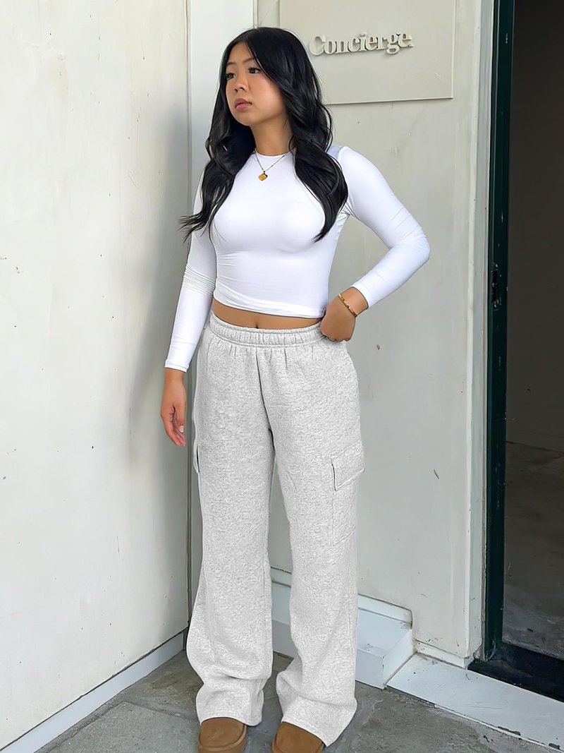 YEOREO Sweatpants Womens Cargo Pants Fleece Lined Wide Leg Joggers Baggy Drawstring Nairi Sweat Pants with Pockets Slate Gray M