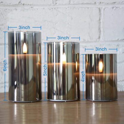 Eywamage Silver Grey Glass Flameless Flickering Candles with Remote, 3 Pack Realistic LED Fake Candles ∅ 3" H 4" 5" 6"