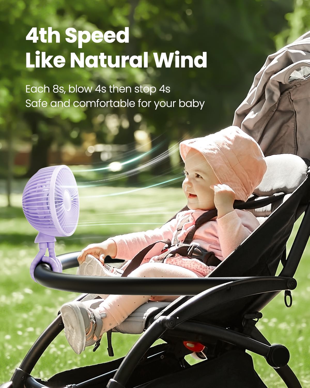 Gaiatop Oscillating Baby Stroller Fan, LED Night Light 4 Speeds Rechargeable 360° Rotate Clip On, Battery Operated Small Portable Cooling Fans for Car Seat Crib Treadmill Travel (Purple)