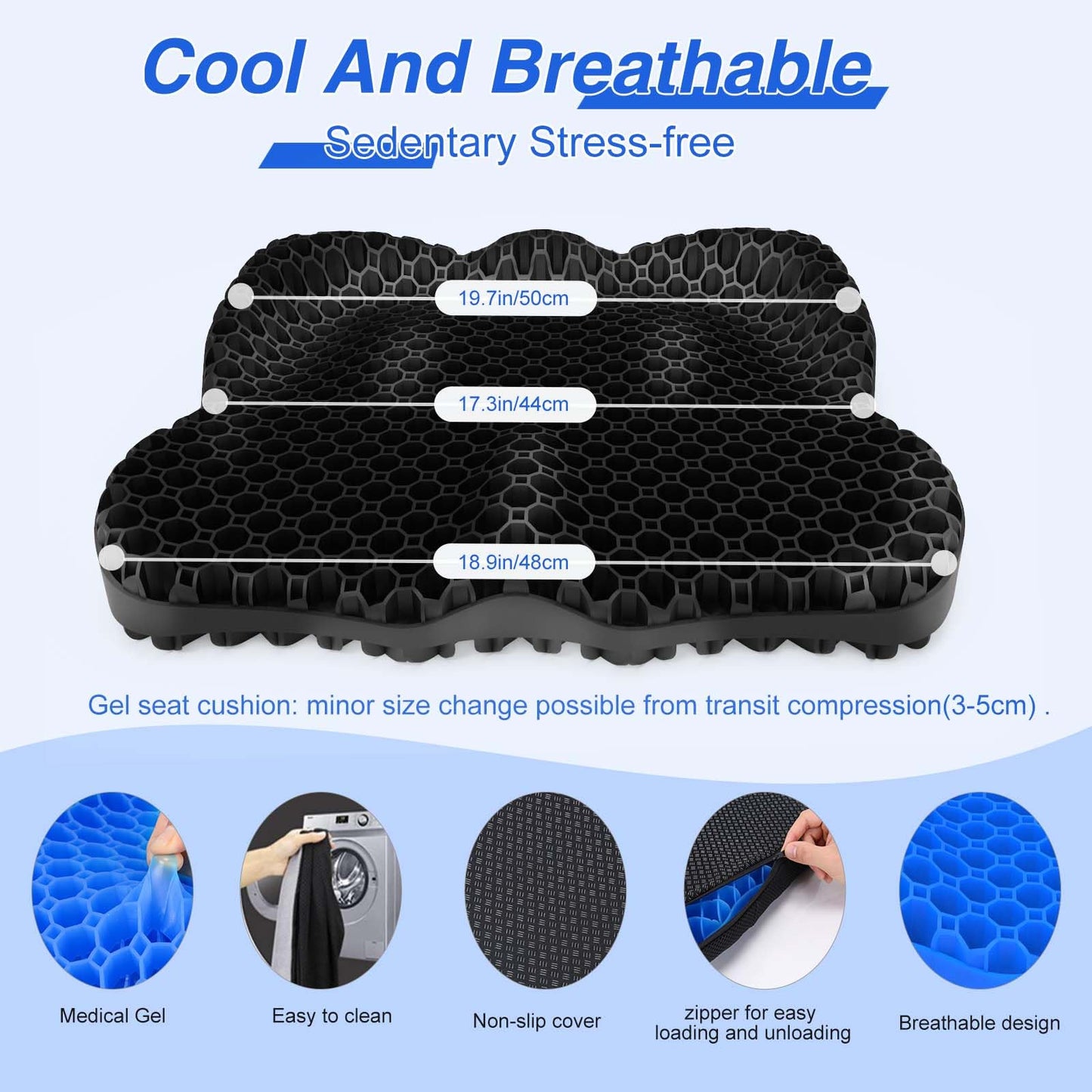 Airllantry Thicken 19.7in Seat Cushion, Gel Seat Cushion for Long Sitting–Office Chair, Wheelchair, Car Cushion, Large Cooling Pad for Back Pain, Sciatica, Tailbone Pain Relief