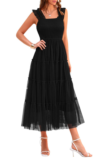 PRETTYGARDEN Women's Summer Tulle Midi Dress Sleeveless Smocked Ruffle Flowy Mesh Dresses Party Wedding Guest Sundress (Black,Large)