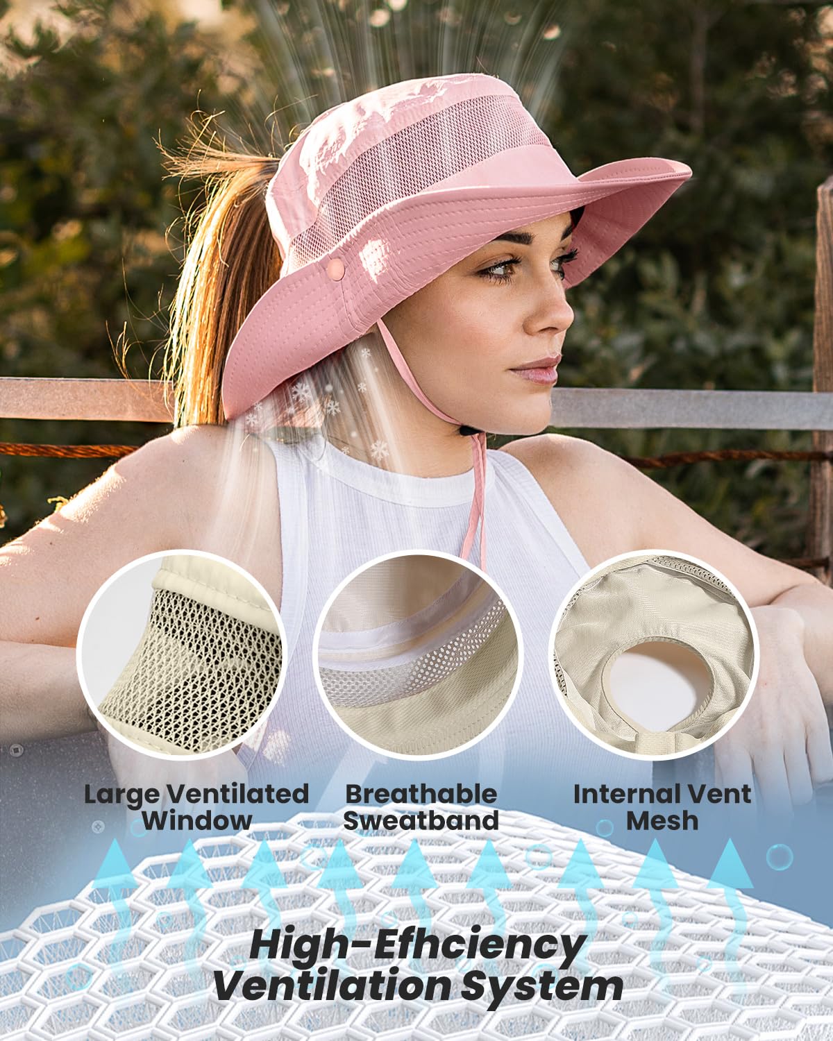 Beach Sun Hats for Women UV Protection with High Ponytail Hole UPF 50+ Fishing Safari Garden Hiking Hat Women Water Resistant Packable Sun Hat Pink