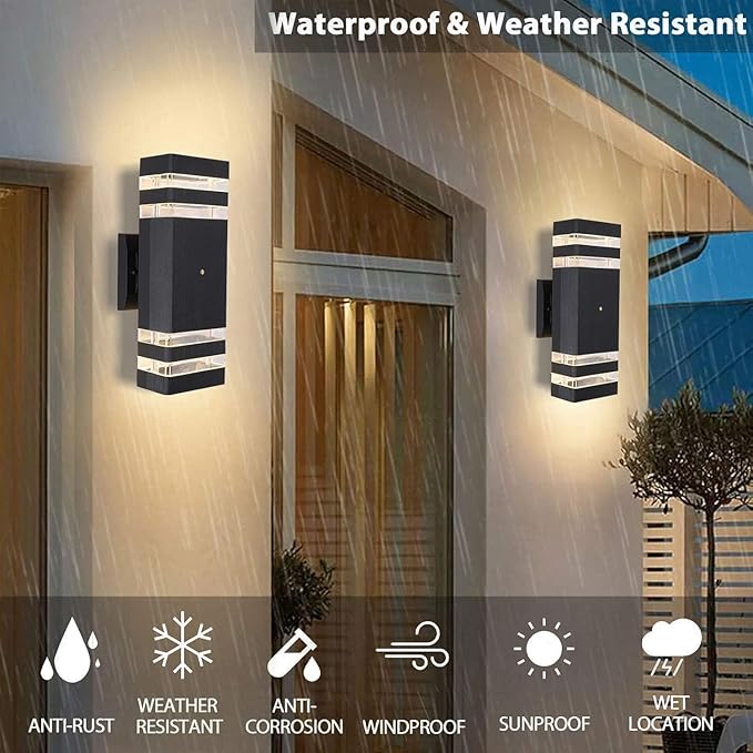 2 Pack Dusk to Dawn Outdoor Wall Lights, LED Exterior Lighting Fixtures, Square Porch Up and Down Light Wall Mount Black Front Door Wall Sconce for Hallway Patio Garage