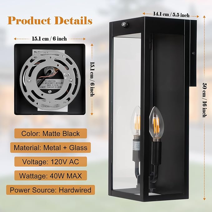 16” Dusk to Dawn Outdoor Lighting, 2 Pack Black Modern Porch Outside Lights for House 2-Light, Photocell Sensor Exterior Patio Coach Wall Lanterns Outside Garden Sconce Lamps Waterproof E12