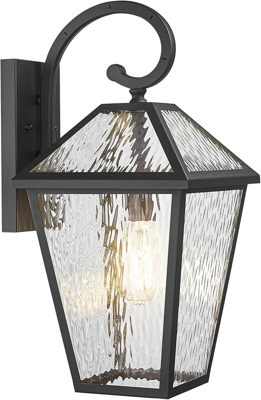 Outdoor Lights Fixtures Wall Mount, Outdoor Wall Lantern with Water Ripple Glass, Waterproof Outside Exterior Wall Sconce Lights Fixture for House, Front Porch, Patio, Medium, Matte Black