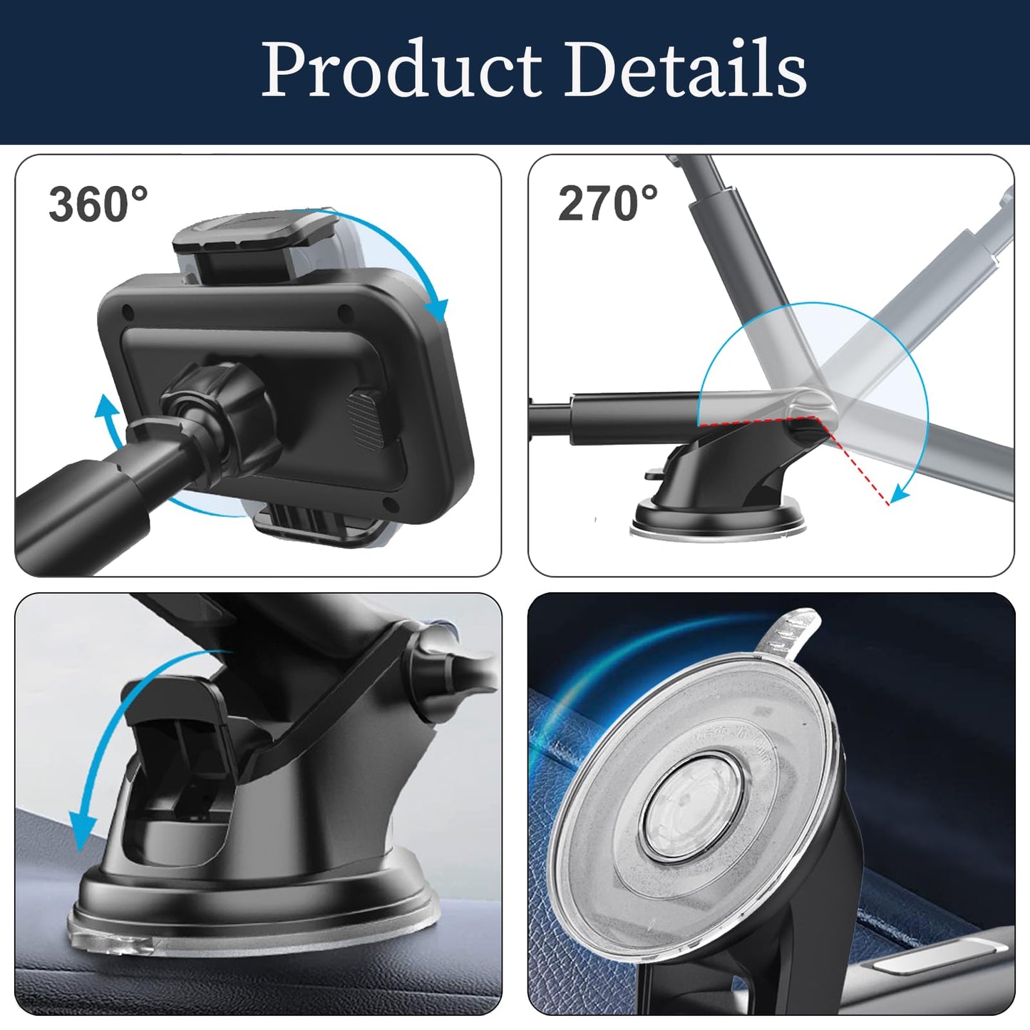 Car Phone Holder, Cell Phone Holder Truck Mount for Dashboard Windshield Vents, All Smartphones and All Models