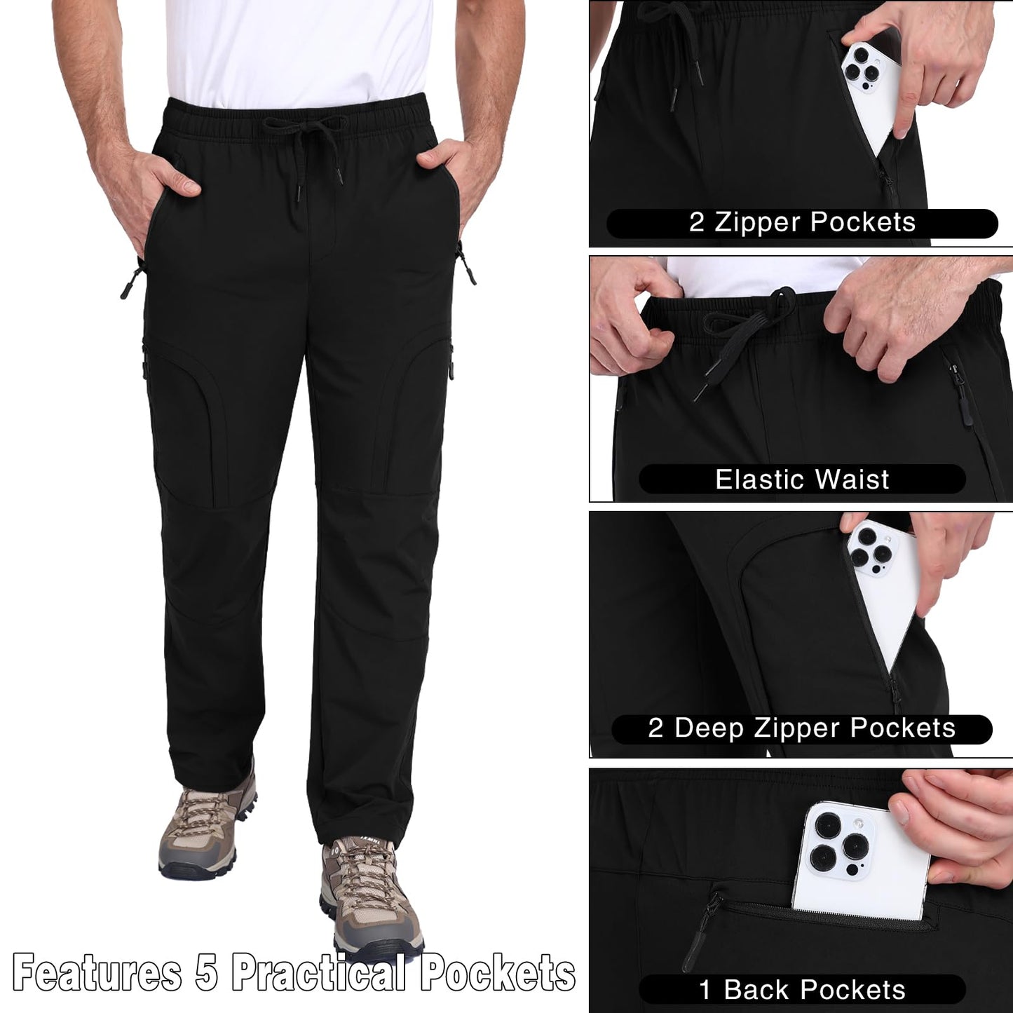 Qngwrtk Men's Lightweight Hiking Pants 5-Pocket Elastic Waist Breathable Water-Resistant Quick Dry Outdoor Pants for Running Travel Camping Black