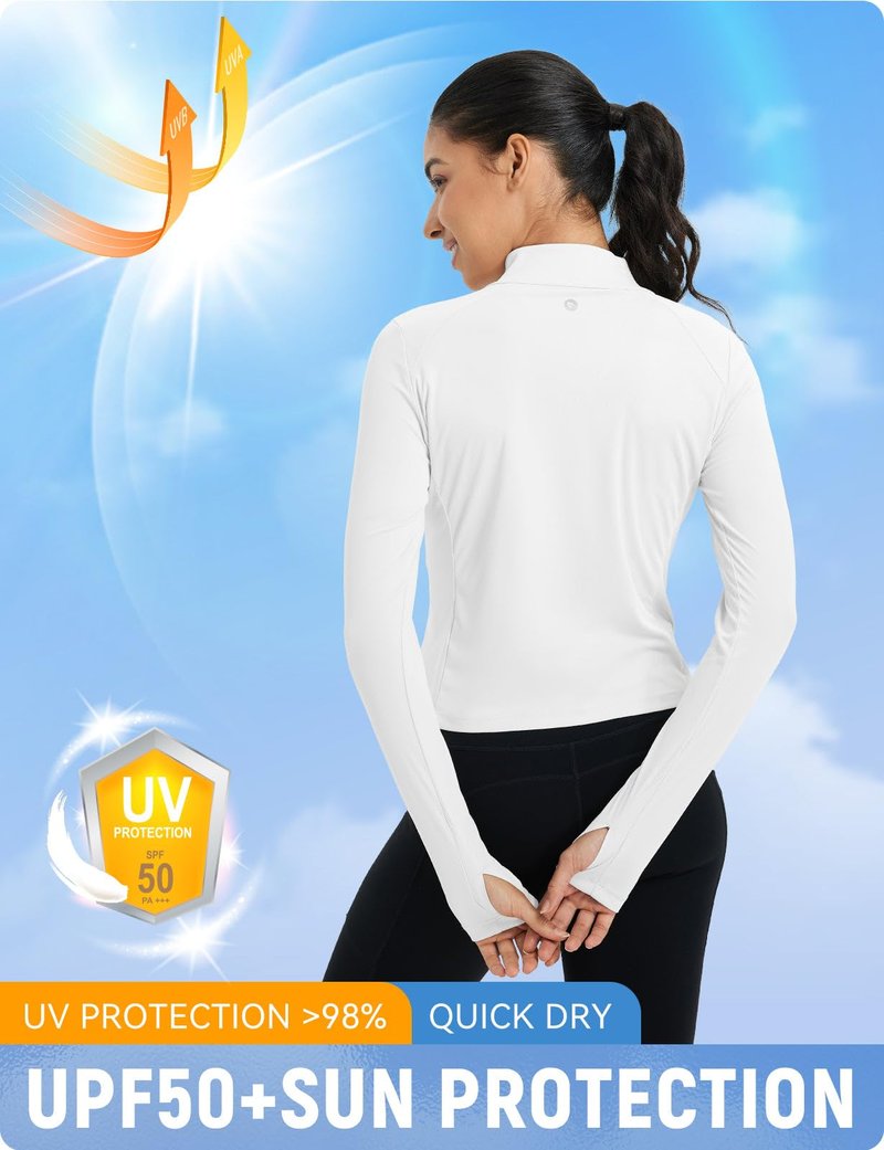 baleaf Women's UPF 50+ Sun Crop Shirt with Pockets Full Zip Cooling Quick Dry Long Sleeve Jacket for Golf Hiking Ultra White L