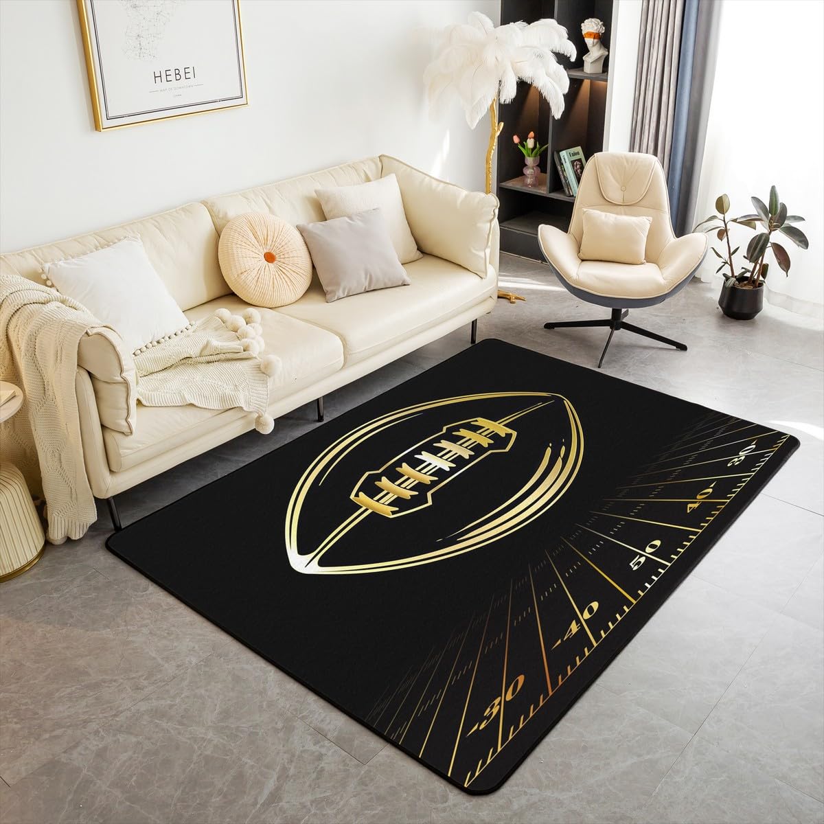 jejeloiu Football Area Rug 4x5 Black Gold Rugby Ball Game Rug for Living Room Bedroom Soft Sports Theme Decorative Carpet Rug Indoor Floor Mat Accent Rug for Playing Room Kitchen Home