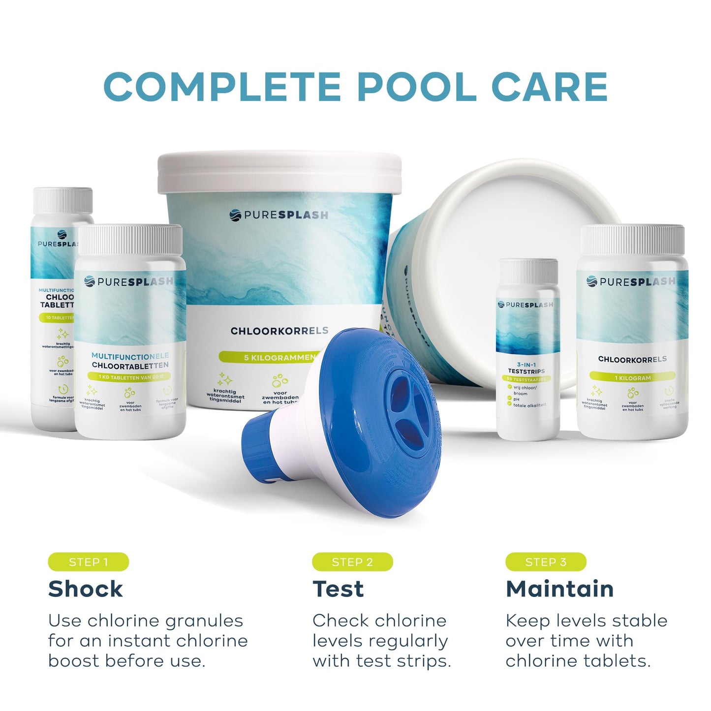 𝐏𝐔𝐑𝐄 𝐒𝐏𝐋𝐀𝐒𝐇! 1kg 4-in-1 Chlorine Tablets with Floating Dispenser – Hot Tub & Pool Chemicals for Inflatable, Paddling & Above-Ground Pools | Sanitiser, Algaecide, Stabiliser, Clarifier