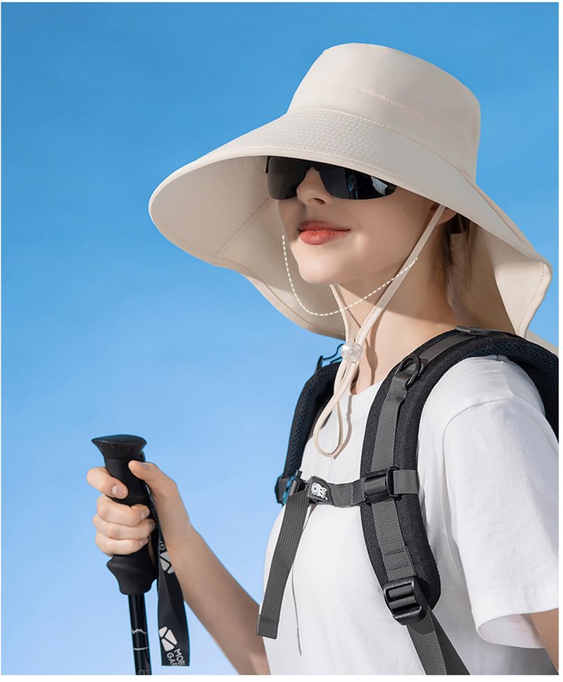 Sun Hat for Women with UV Protection Summer Wide Brim with Neck Flap Upf50+ Ponytail Hole Fishing Bucket Hat Hiking Garden Beige