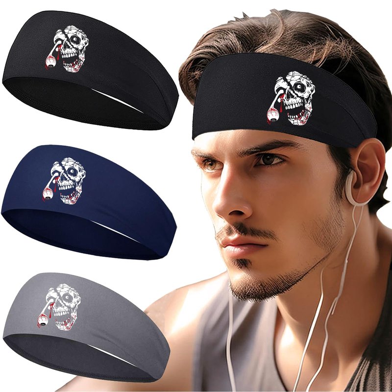 Sweat Band Headbands Men 3 Pcs Sport Sweatbands Headbands for Men Women Skull Workout Cooling Headband Mens Running Headband Head Band Mens Stretchy Hairband Gym Yoga Tennis Athletic