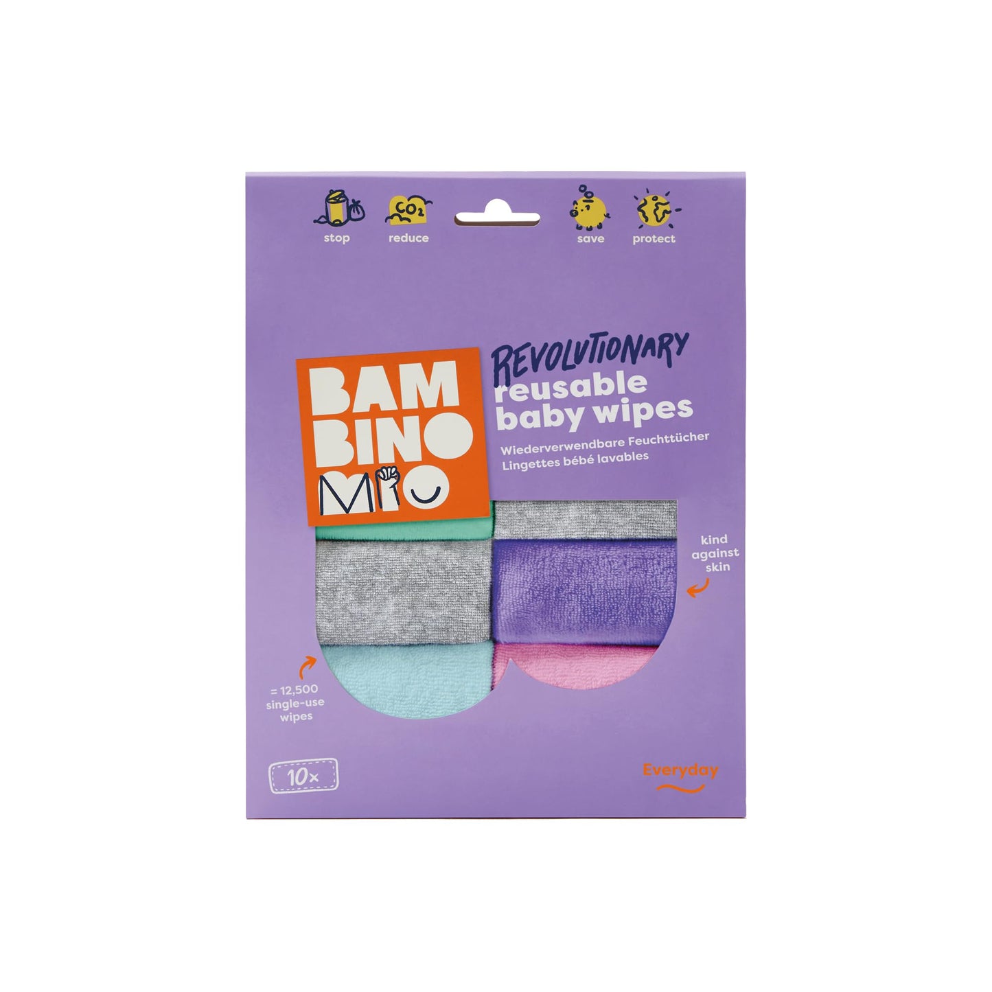 Bambino Mio, Reusable Baby Wipes - Everyday - Eco-Friendly, Chemical-Free, Double-Sided Washable Wipes, Pack of 10, Cloud
