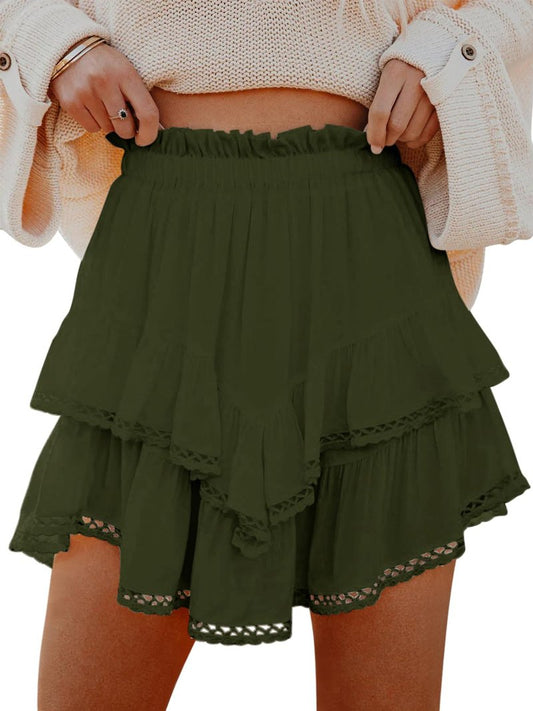Aoudery Flowy Shorts for Women Casual Boho Ruffle Tiered Skorts High Waist Mini Skirts Golf Tennis Butterfly Crochet Shorts - Oliver Green M