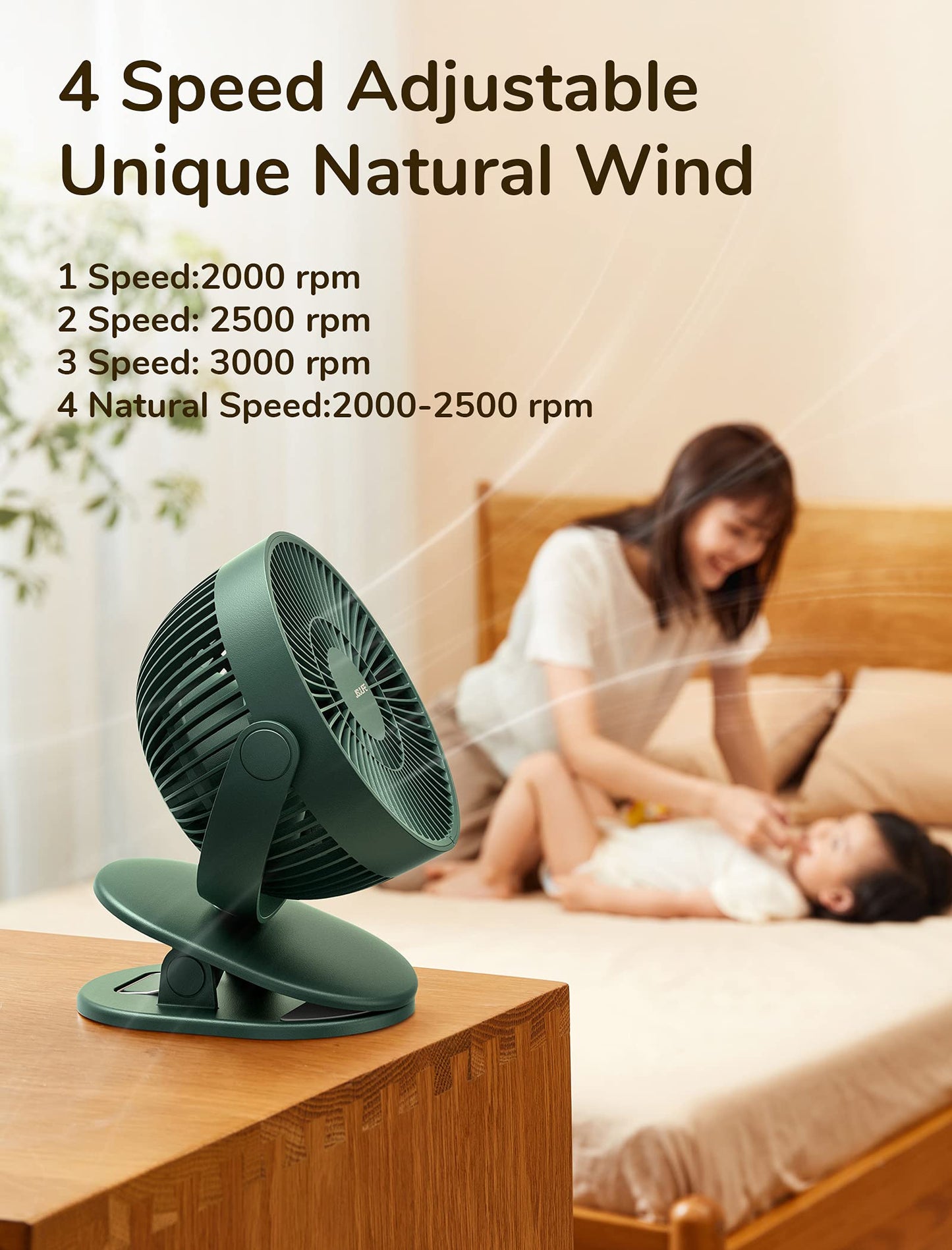 JISULIFE Clip on Baby Stroller Fan, 4000mAh Battery Operated, Portable Personal Small, Quiet & Narrow Slot Design, 4 Speeds, Max 14 Hrs, Ideal for Bed, Desk, Car Seat - Dark Green