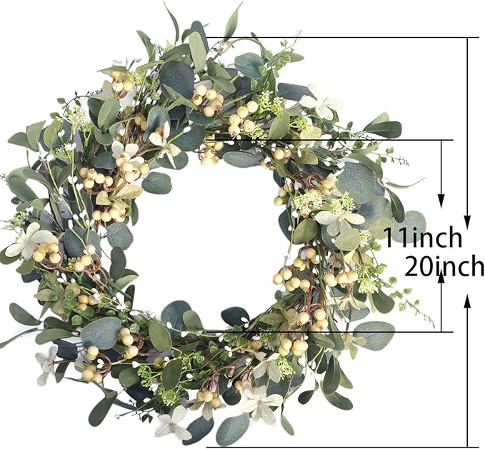 Bibelot 20Inch Artificial Eucalyptus Berry Wreath Green Leaf Eucalyptus Wreaths Spring Summer Wreath for Front Door Window Hanging Wall Party Decorations (20in)
